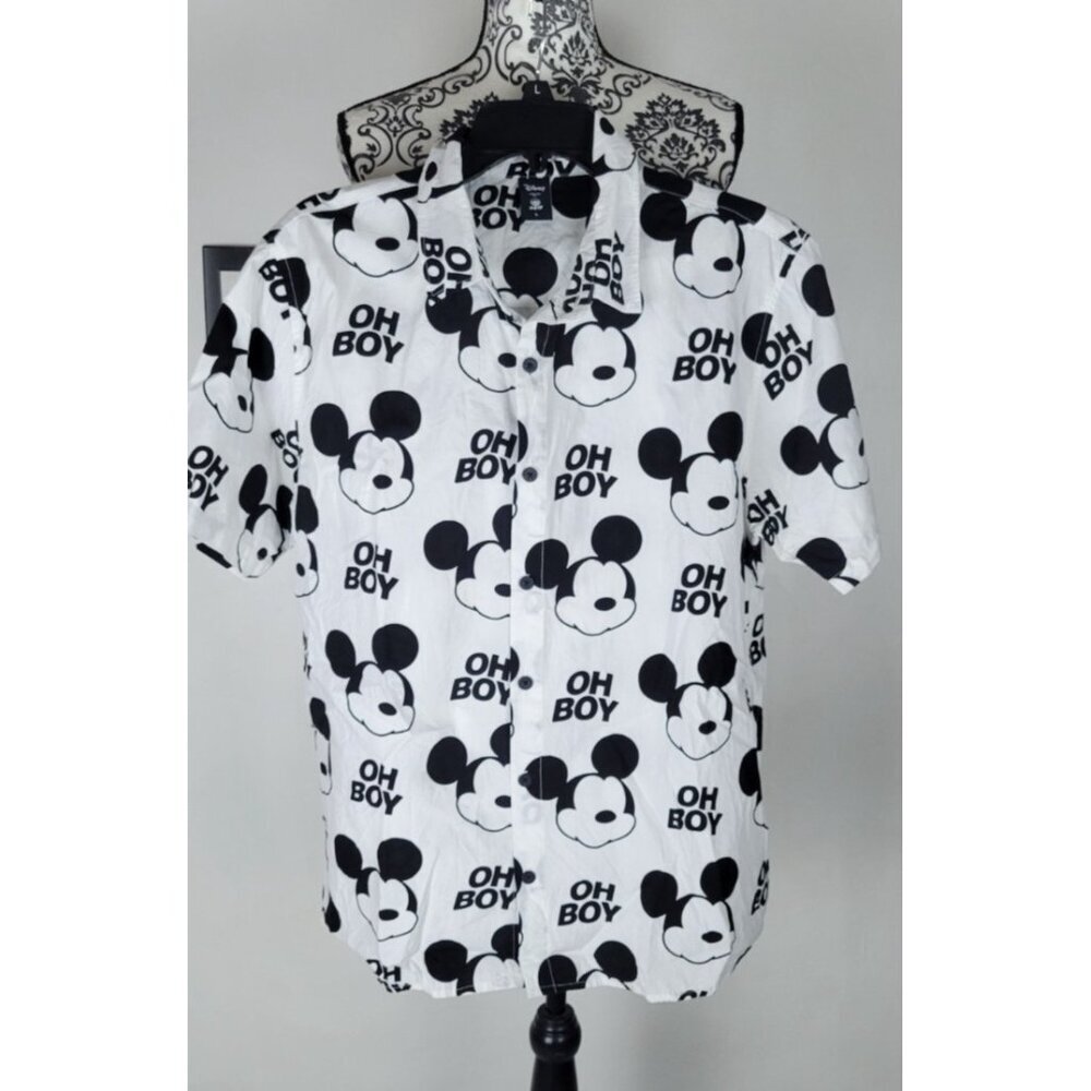 Disney Neff Mickey Mouse Oh Boy Shirt L Button Up Short Sleeve Black White